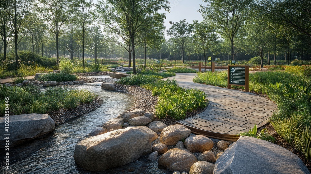 Scenic park pathway with a stream and lush greenery. Scenic park pathway with a stream and lush greenery.