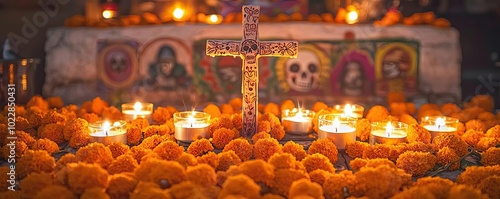 A vibrant altar adorned with marigold flowers and candles, honoring tradition and remembrance in a colorful cultural celebration. photo