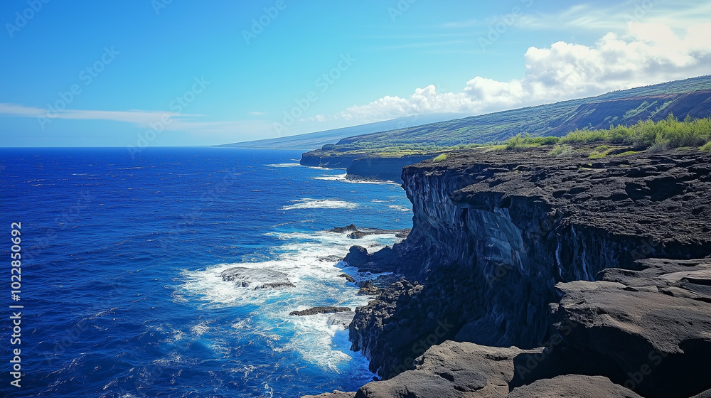 Obraz premium Dramatic waves crash against rugged cliffs on a sun-drenched Hawaiian coastline, creating a breathtaking seascape