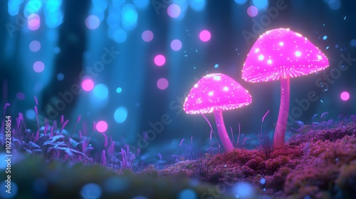 A glowing mushroom forest with neon blue and purple mushrooms, creating an otherworldly atmosphere