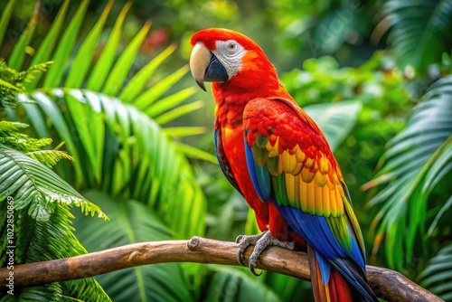 Vibrant African Red Tail Parrot Perched on a Branch in Exotic Tropical Setting with Green Foliage