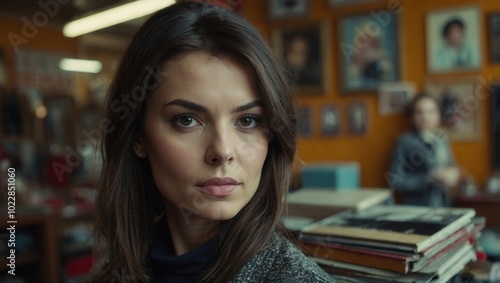  Portrait of young woman with straight hair and neutral expression  indoor setting with books 