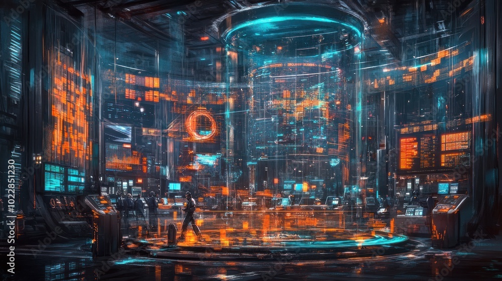 A futuristic data center with glowing interfaces and holographic displays. A futuristic data center with glowing interfaces and holographic displays.