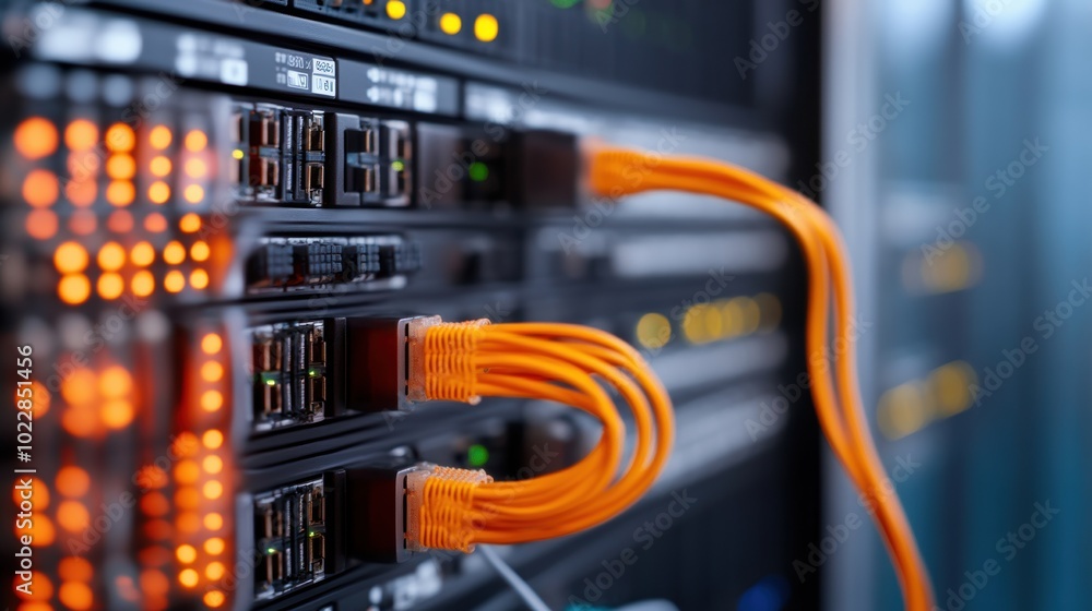 Naklejka premium Close-up of orange network cables connected to server hardware in a data center.