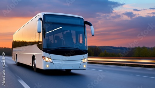 A Bus is Driving on the Highway, with the Sunset in the Background, Creating a Motion Blur Effect Through Long Exposure Photography