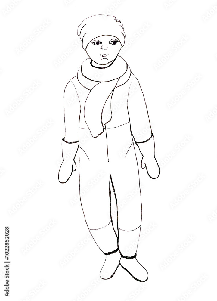 Season winter illustration. Silhouette of sport-looking teenager in soft knitted hat and ski suit. Linear handmade portrait of sportsman. Funny cartoon sketch of man. People in life. Flat human image. Season winter illustration. Silhouette of sport-looking teenager in soft knitted hat and ski suit. Linear handmade portrait of sportsman. Funny cartoon sketch of man. People in life. Flat human image.
