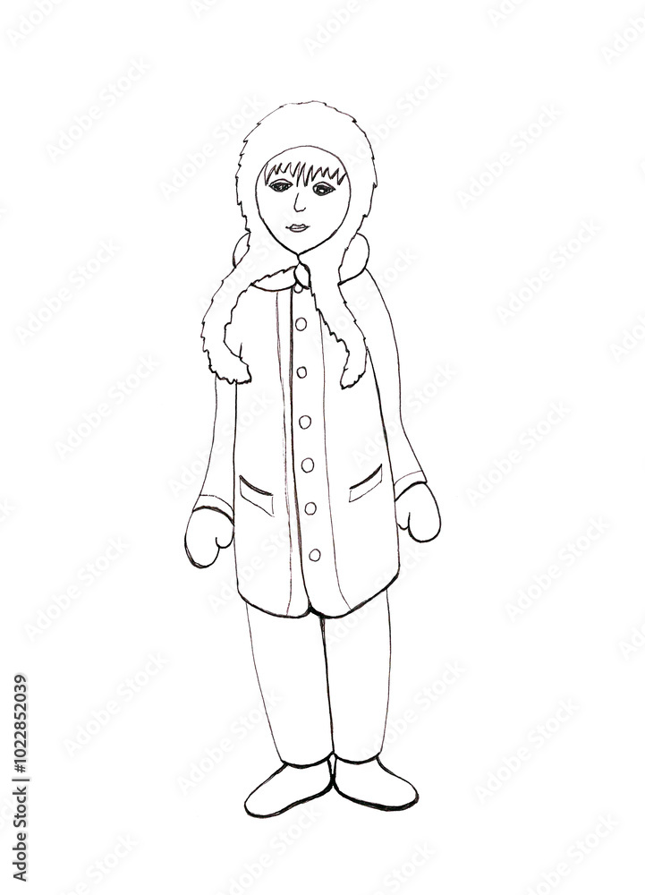 Season winter illustration. Teenage girl in a straight coat and a fluffy hat with long ties. Linear handmade portrait in retro style. Funny cartoon female sketch. People in life. Flat human image. Season winter illustration. Teenage girl in a straight coat and a fluffy hat with long ties. Linear handmade portrait in retro style. Funny cartoon female sketch. People in life. Flat human image.