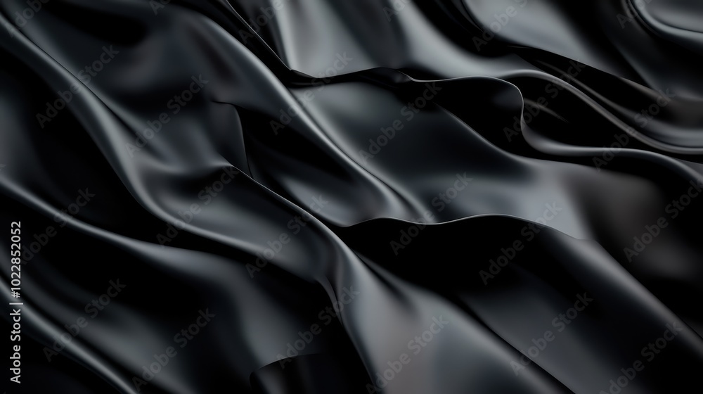 A close-up of smooth, flowing black silk fabric, featuring dramatic folds and ripples that convey a sense of elegance and luxurious texture in soft lighting.