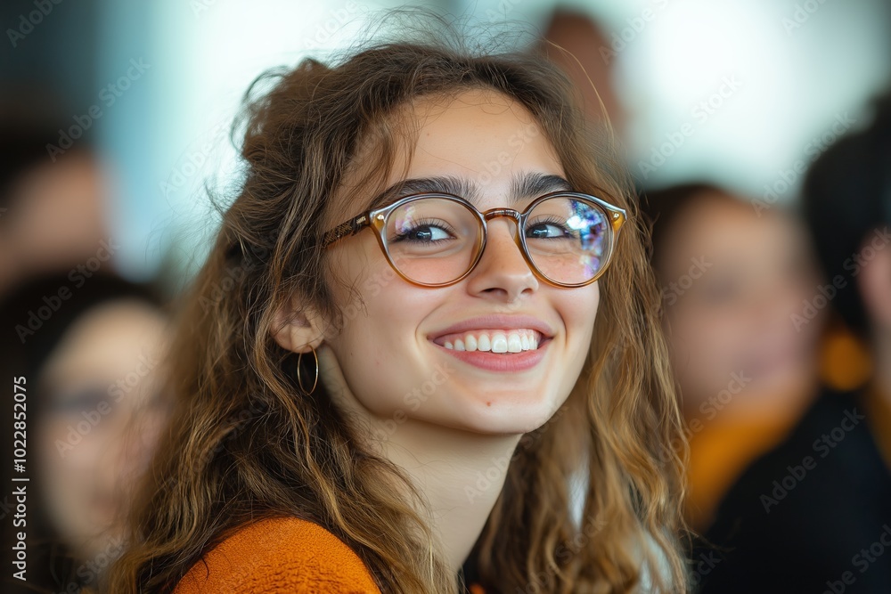 Woman with glasses is smiling. other people in the background. happy and laughing staff or participant people group listening to a startup business owner at a trade show exhibition event Woman with glasses is smiling. other people in the background. happy and laughing staff or participant people group listening to a startup business owner at a trade show exhibition event