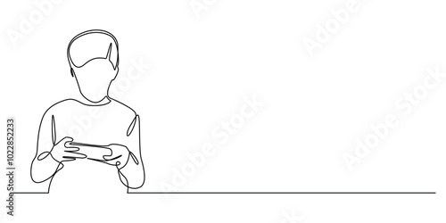 one continuous line drawing playing mobile phone games.one line drawing of a child playing mobile phone games in a horizontal position.single line vector illustration.isolated white background