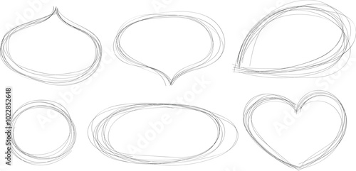 Hand drawn doodle frames. Set of outline banners in pencil style. Circle, oval, heart, drop shape. Deliberately careless contour.