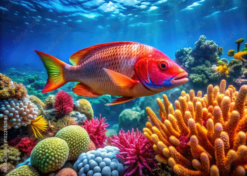 Fototapeta premium Vibrant and Colorful Baiacu Fish Swimming in Clear Ocean Waters Surrounded by Coral Reef Life