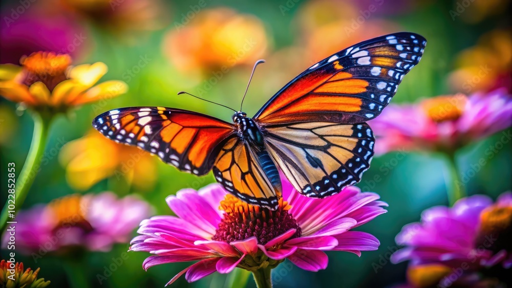 Obraz premium Vibrant and Colorful Butterfly Resting on a Delicate Flower Petal in a Serene Natural Setting