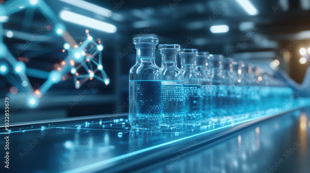 Futuristic drug discovery pipeline with illuminated vials showcasing advanced technology and innovation in pharmaceutical research. scene conveys sense of progress and hope