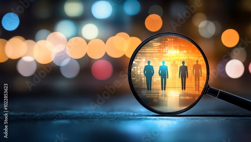 A Magnifying Glass Over Digital Human Figures, Representing the Process of Interview Selection for a More Focused View on One Figure with Blurred Images Behind It