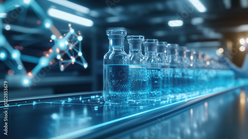 Obraz na płótnie Futuristic drug discovery pipeline with illuminated vials showcasing advanced technology and innovation in pharmaceutical research. scene conveys sense of progress and hope w salonie