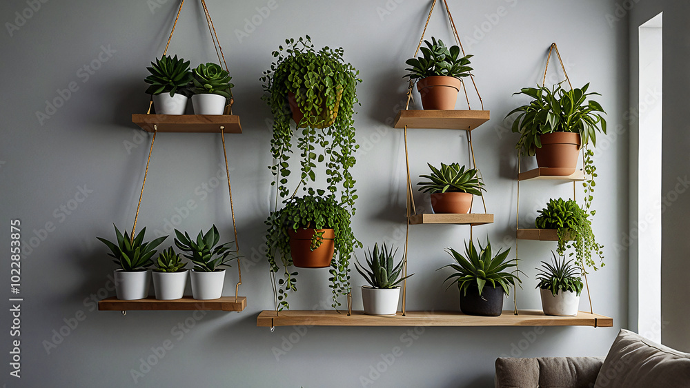 In a bright room with soft light, a white wall showcases small indoor plants in hanging pots. A wooden rack holds more pots, and a few are near the window, creating a classic, space-saving plant decor In a bright room with soft light, a white wall showcases small indoor plants in hanging pots. A wooden rack holds more pots, and a few are near the window, creating a classic, space-saving plant decor