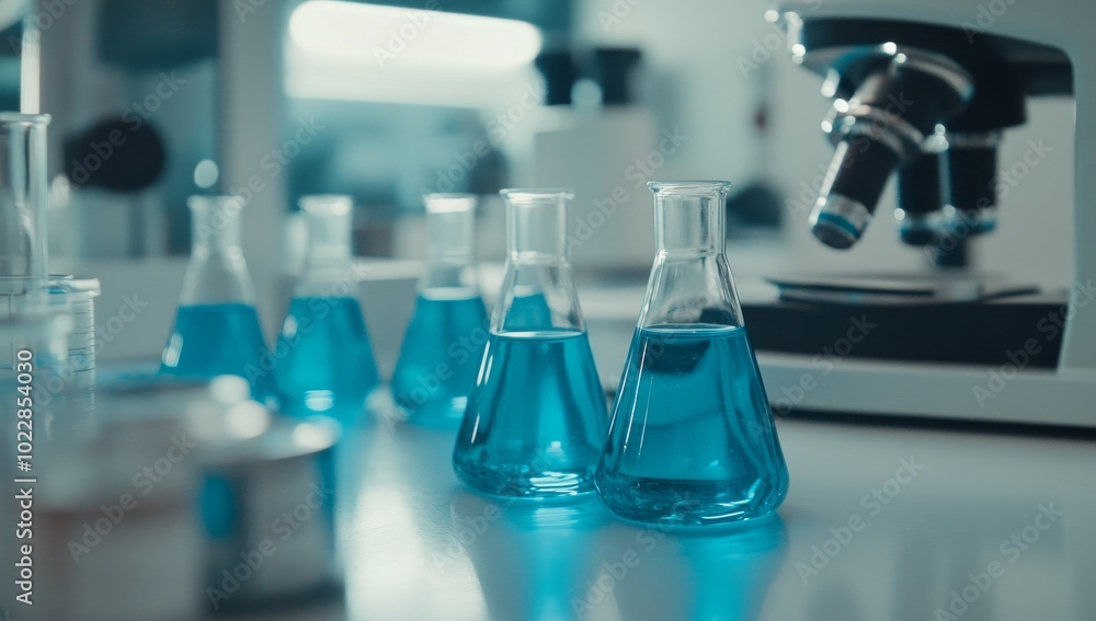 A Close-Up of Blue Liquid in Beakers and Flasks on the Table, with Laboratory Equipment Blurred in the Background A Close-Up of Blue Liquid in Beakers and Flasks on the Table, with Laboratory Equipment Blurred in the Background