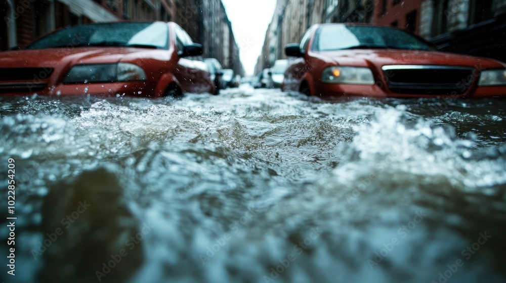 Fototapeta premium A dramatic image showcasing a street where vehicles are submerged in deep floodwaters, illustrating the intensity and impact of heavy urban rainfall on daily life.