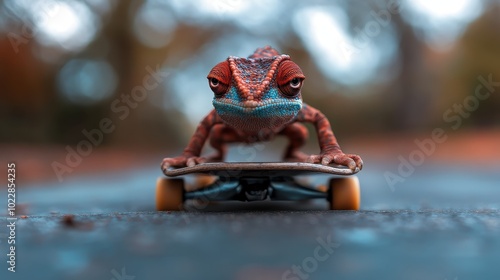 A focused chameleon skillfully balances on a skateboard while navigating a smooth pavement, showcasing agility and balance in a playful urban scene. photo