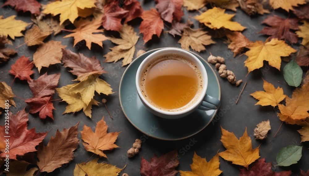 A cozy autumn arrangement with a cup of warm tea surrounded by vibrant, fallen leaves and pinecones on a rustic surface A cozy autumn arrangement with a cup of warm tea surrounded by vibrant, fallen leaves and pinecones on a rustic surface
