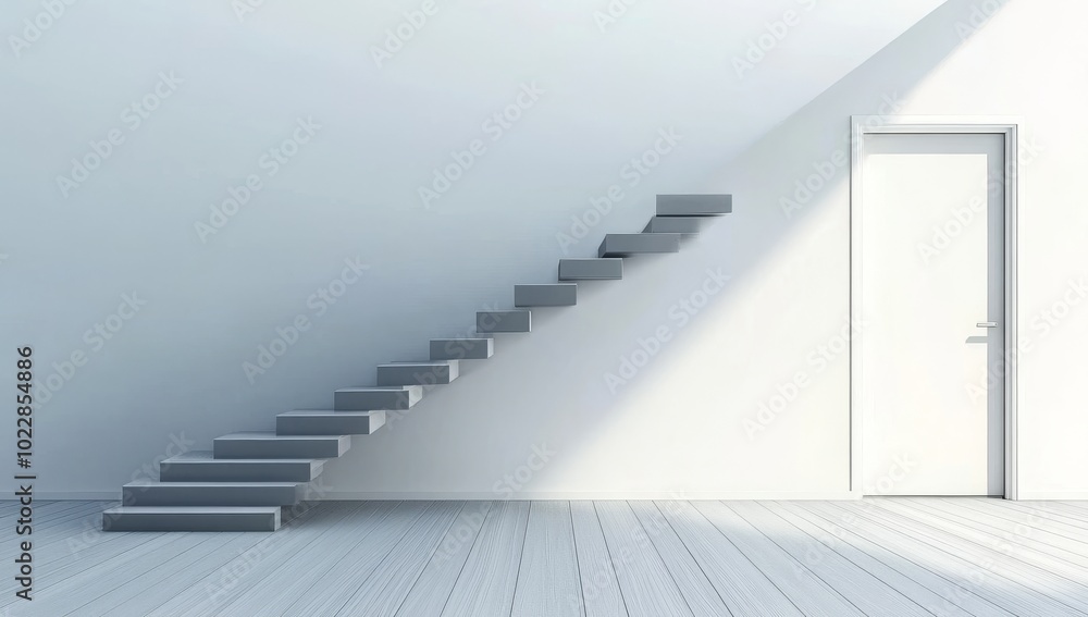 Fototapeta premium A Minimalist Home with White Trim and Gray Stairs Leading to the Entrance Door, Showcasing Gray Wood Flooring in an Empty Room