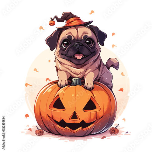 Cute French Bulldog with Jack-o'-Lantern Illustration for Halloween