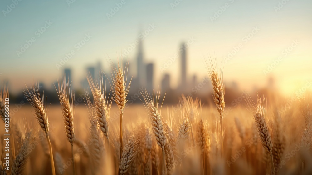 Golden wheat field with distant city skyline at sunrise. Urban and rural harmony concept. Golden wheat field with distant city skyline at sunrise. Urban and rural harmony concept.