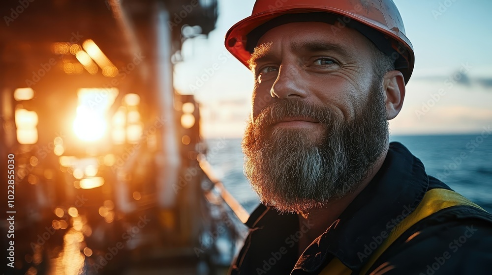 A bearded engineer wearing a hard hat looks confidently at the camera on an oil rig platform, with a serene ocean sunset backdrop, embodying resilience and adventure. A bearded engineer wearing a hard hat looks confidently at the camera on an oil rig platform, with a serene ocean sunset backdrop, embodying resilience and adventure.