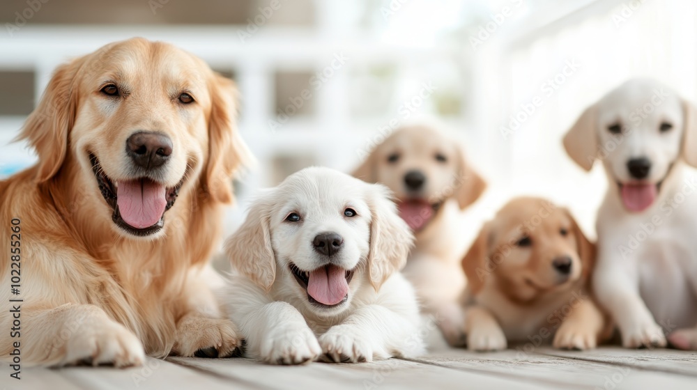 A golden retriever and her four puppies joyfully relax on a sunny porch, capturing the essence of happiness and family in a serene setting. A golden retriever and her four puppies joyfully relax on a sunny porch, capturing the essence of happiness and family in a serene setting.