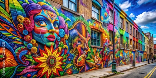 Vibrant and Unique Urban Graffiti Art Displaying Colorful Designs on a City Wall Background