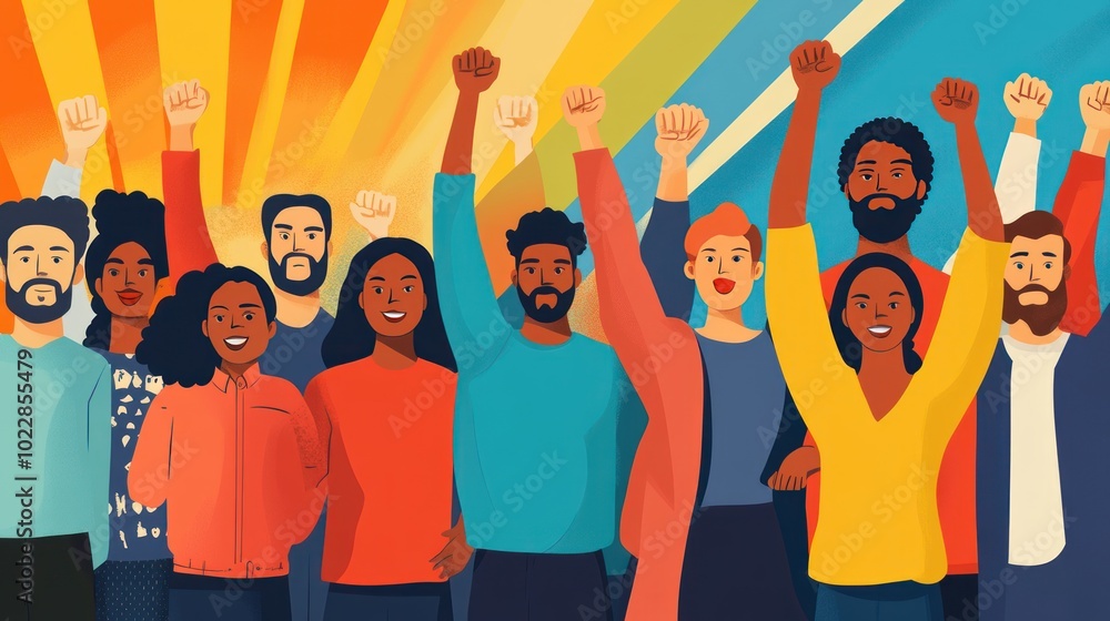 Fototapeta premium A diverse group of people raising their fists in solidarity against a colorful background.