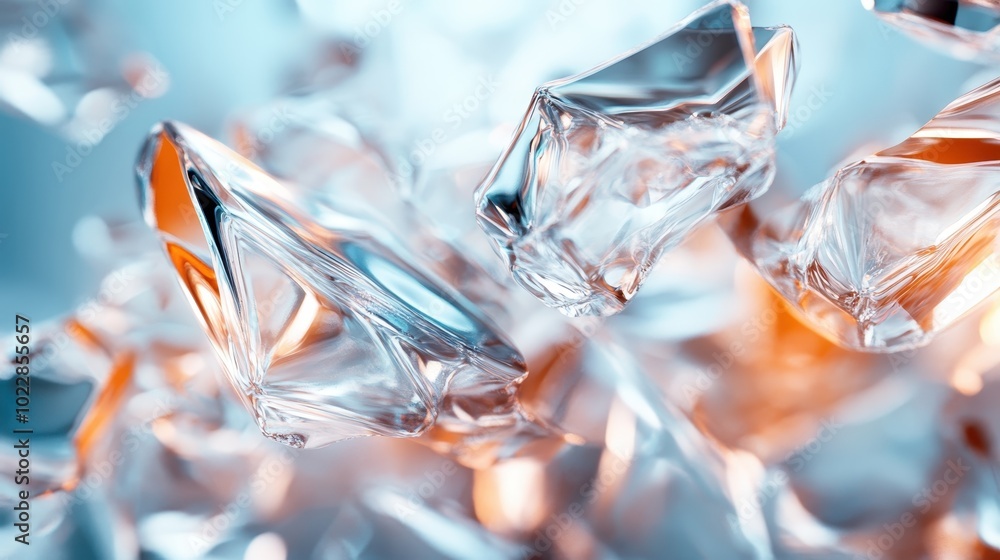 Abstract composition of crystalline structures in translucent blue and orange hues, showcasing the beauty of geometric shapes and the interplay of vibrant colors and light. Abstract composition of crystalline structures in translucent blue and orange hues, showcasing the beauty of geometric shapes and the interplay of vibrant colors and light.