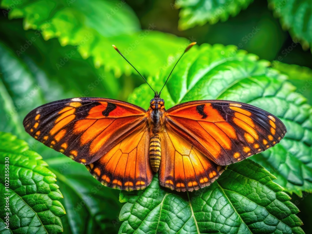 Vibrant Antennae Butterfly Resting on a Leaf in a Lush Green Garden Under Bright Natural Light Vibrant Antennae Butterfly Resting on a Leaf in a Lush Green Garden Under Bright Natural Light