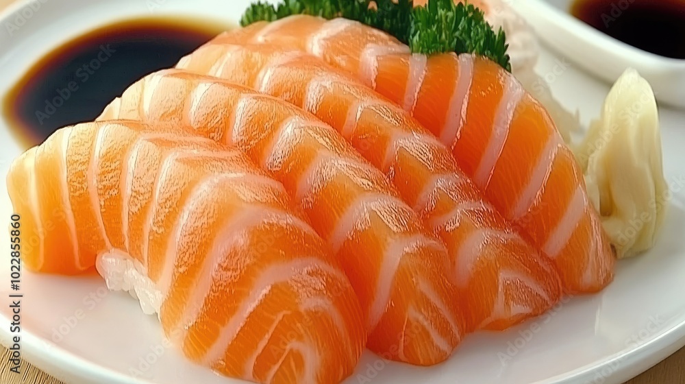 Slices of juicy sashimi on a minimalist plate, served with soy sauce and wasabi, with clean white background and space for text. Slices of juicy sashimi on a minimalist plate, served with soy sauce and wasabi, with clean white background and space for text.