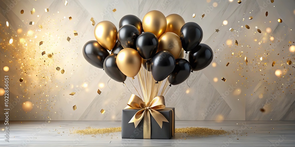 Naklejka premium Elegant Black and Gold Balloons Celebrate a Festive Occasion with Glittering Confetti and a Wrapped Gift
