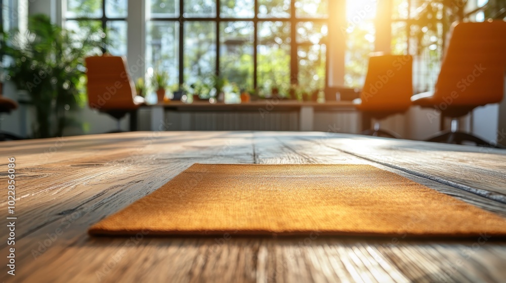 Sunlight spills across a wooden office table with a neatly positioned place mat, casting an array of intriguing shadows, which sparks feelings of warmth and calm. Sunlight spills across a wooden office table with a neatly positioned place mat, casting an array of intriguing shadows, which sparks feelings of warmth and calm.