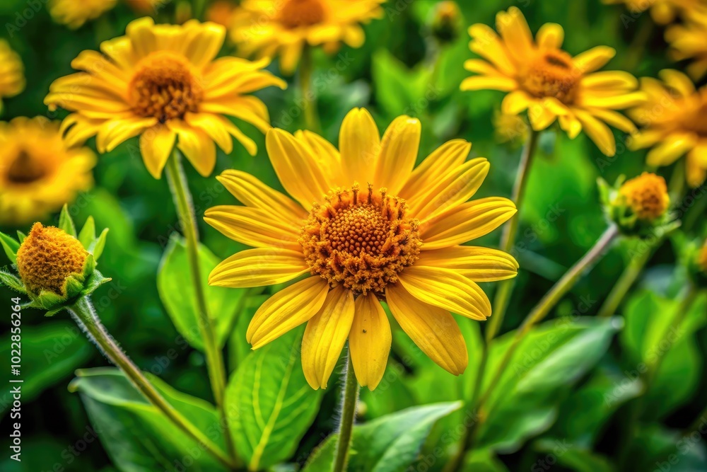 Vibrant Arnica Plant in Natural Habitat Showcasing Its Distinctive Yellow Flowers and Green Leaves Vibrant Arnica Plant in Natural Habitat Showcasing Its Distinctive Yellow Flowers and Green Leaves