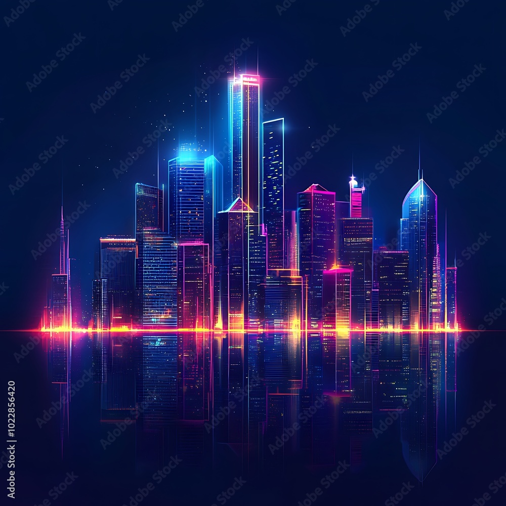 Urban Cityscape Dazzling with Bright Lights on Blue Night Canvas Urban Cityscape Dazzling with Bright Lights on Blue Night Canvas