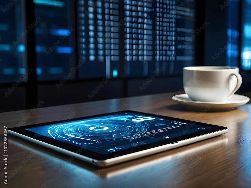 Tablet with Digital Interface and Coffee on Wooden Table Tablet with Digital Interface and Coffee on Wooden Table