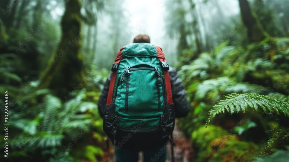 A backpacker navigates through a thick, mysterious forest brimming with vibrant green ferns, creating a sense of adventure and exploration in the natural wilderness. A backpacker navigates through a thick, mysterious forest brimming with vibrant green ferns, creating a sense of adventure and exploration in the natural wilderness.