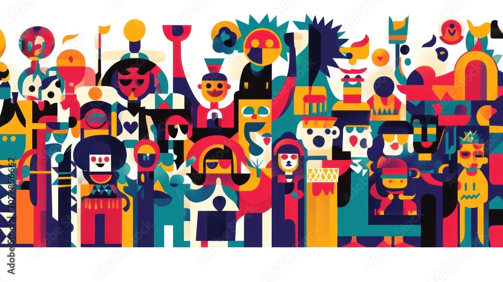 Obraz premium A vibrant illustration featuring diverse characters and cultural symbols in a colorful design.