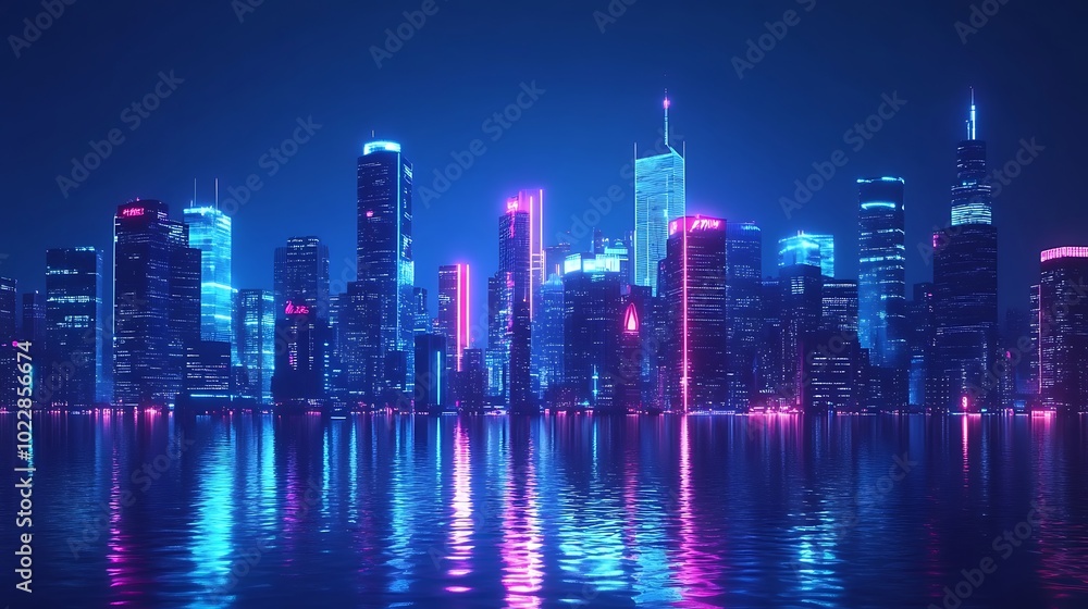 City Night Scene with Bright Lights on a Blue Horizon City Night Scene with Bright Lights on a Blue Horizon