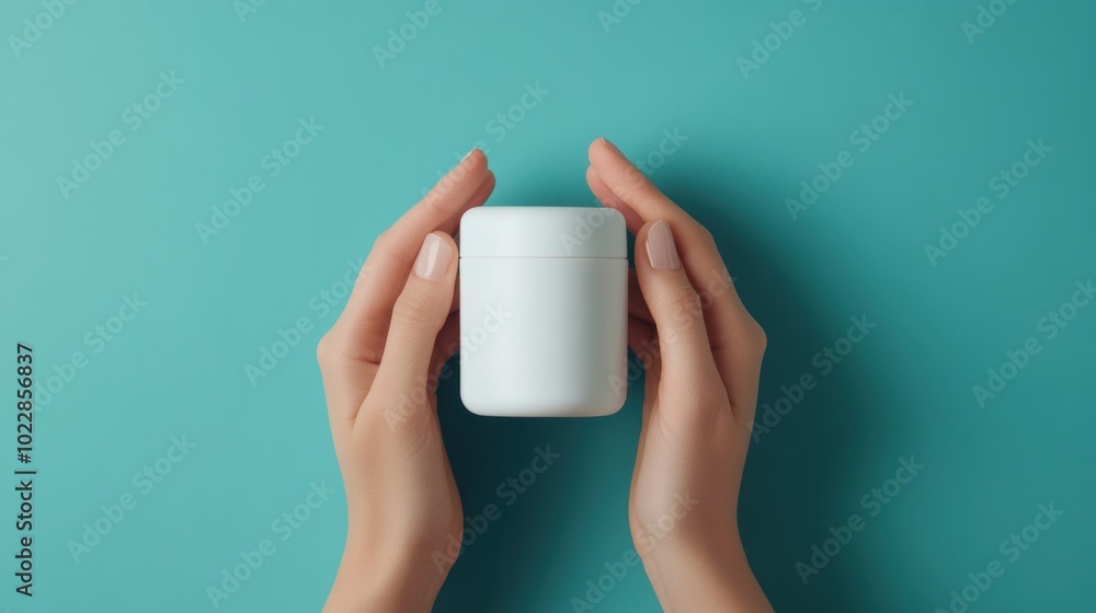 Female hands holding a white cosmetic jar on a teal background. Minimalist beauty product presentation Female hands holding a white cosmetic jar on a teal background. Minimalist beauty product presentation