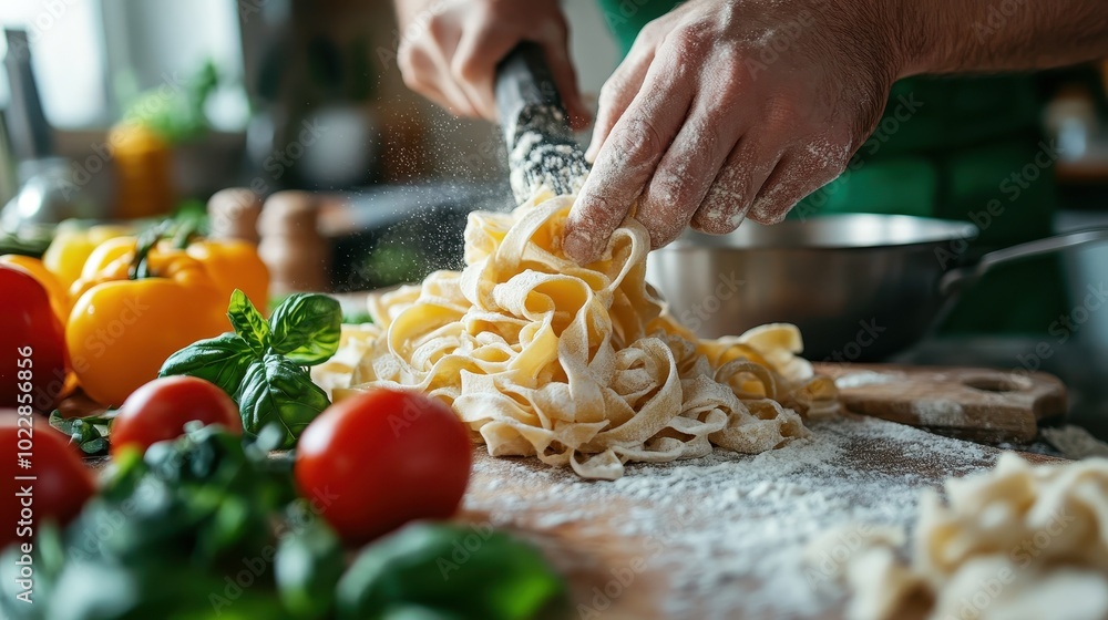 A chef is rolling fresh pasta dough with flour amidst tomatoes and basil, presented in a sunlit, aromatic kitchen setting, highlighting culinary skills. A chef is rolling fresh pasta dough with flour amidst tomatoes and basil, presented in a sunlit, aromatic kitchen setting, highlighting culinary skills.
