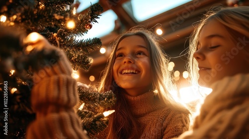 Two children warmly embrace the holiday spirit while decorating a Christmas tree with lights, embodying joy and excitement during the festive season indoors. photo