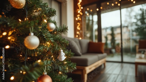 A cozy living room setting with a beautifully lit Christmas tree, adorned with ornaments and surrounded by warm lighting, embodying holiday warmth and serenity. photo