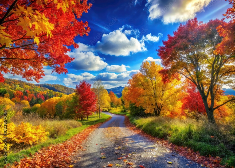Fototapeta premium Vibrant Autumn Landscape with Colorful Leaves and Scenic Pathway Under Clear Blue Sky