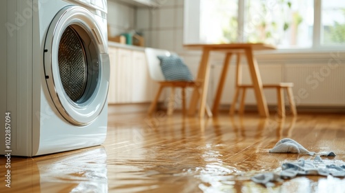 A leak from a washing machine spreads water across a wooden floor, creating a shimmering effect as light from the room highlights the glistening surface. photo