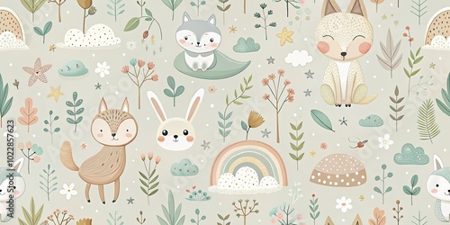 A whimsical woodland pattern featuring adorable animals and flourishing foliage, adorned with a charming rainbow and playful clouds, a cheerful and enchanting scene for a child's imagination.